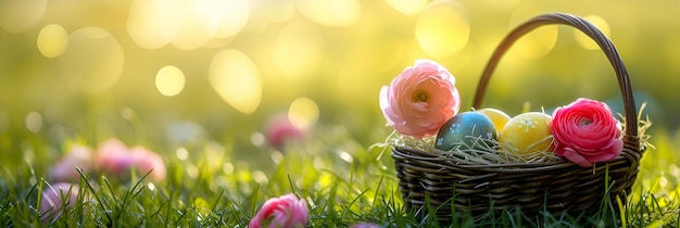 Easter eggs in basket on grass with ranunculus flowers