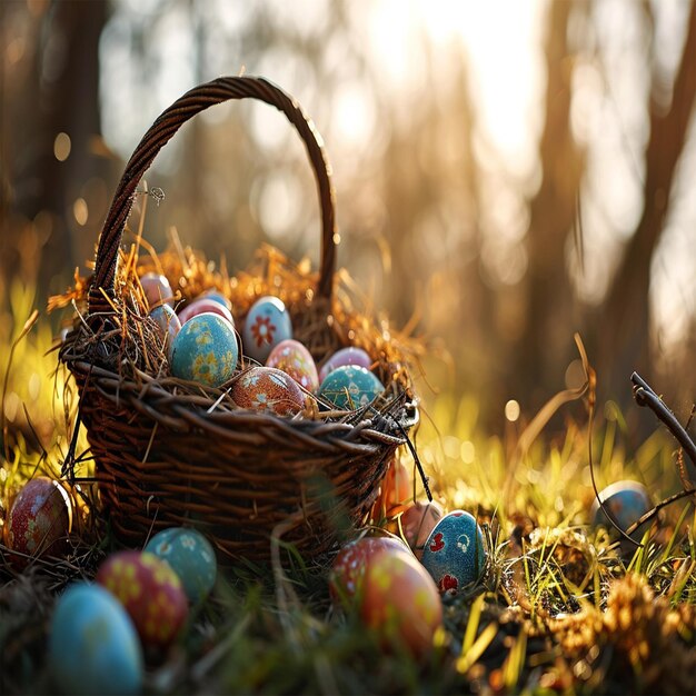 Easter eggs in a basket on the grass