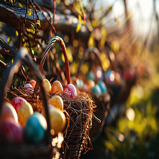 Easter eggs in a basket on the grass