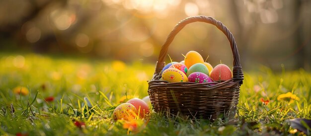 Easter eggs in a basket on the grassy field