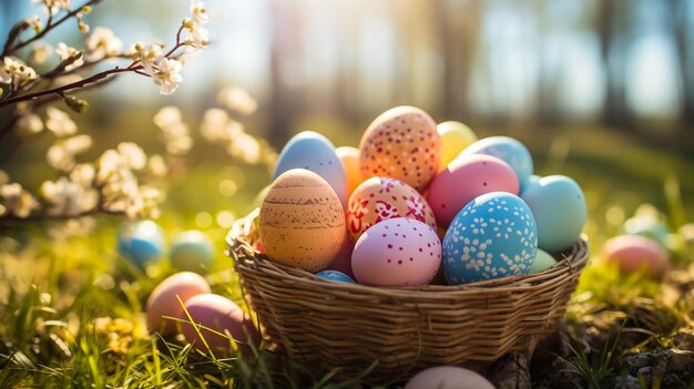 Easter eggs in a basket in green grass Spring season traditional egg hunt colorful decorated eggs in a wicker basket