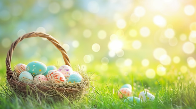 Foto uova di pasqua in un cesto sull'erba verde sullo sfondo soleggiato della primavera