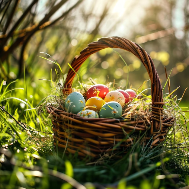 Easter Eggs in a Basket on Green Grass