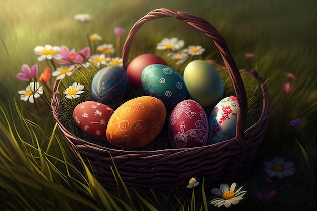 Easter eggs in a basket on green grass.