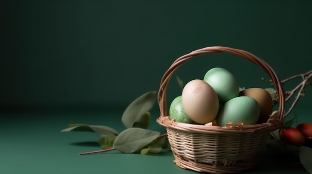 easter eggs in basket isolated on green background with copy space for spring holiday Generative AI