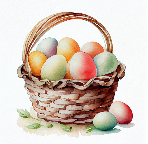 Easter eggs in a basket isolated on white background watercolor hand drawn illustration