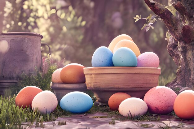 Easter eggs in a basket on a lawn