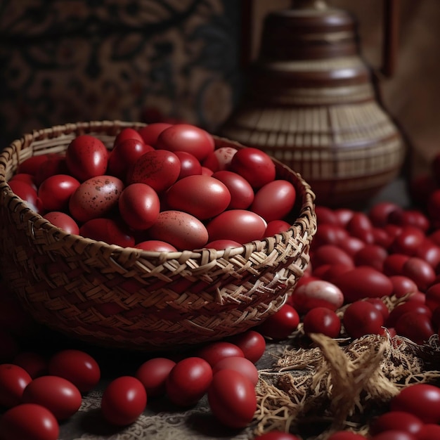 Easter eggs in a basket on a red tablecloth Dark background