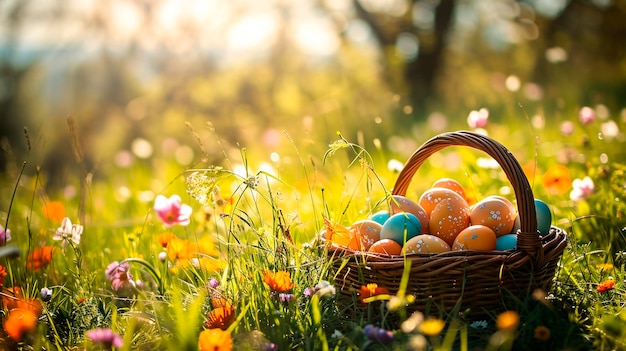 Easter eggs in a basket Selective focus