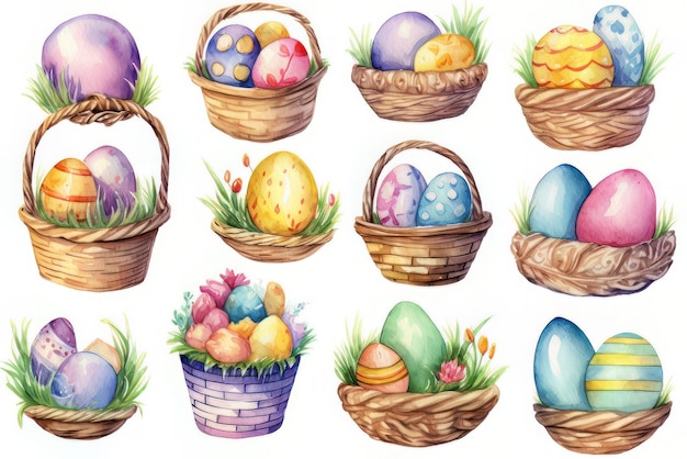 Easter eggs in basket set Watercolor illustration on white background