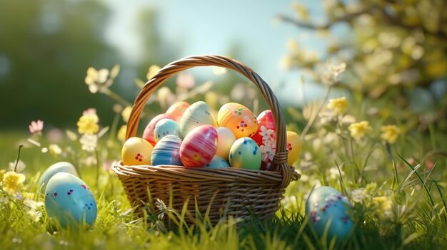 Easter eggs in a basket on a sunny day