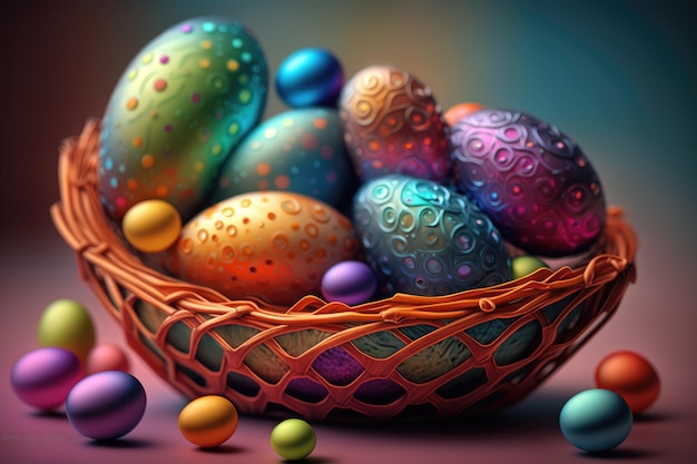 Easter eggs in a basket on a table