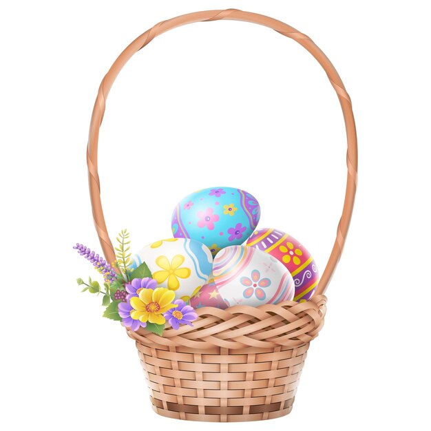 Photo easter eggs in the basket on white background