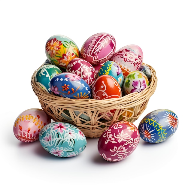 Photo easter eggs in basket on the white background