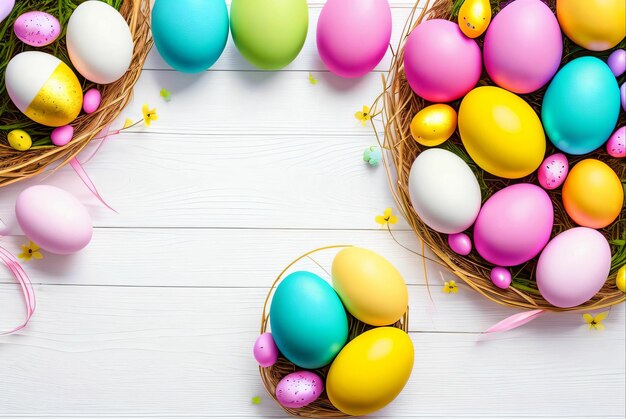 Easter eggs in a basket on a white wooden background