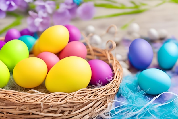 Easter eggs in a basket with blue feathers