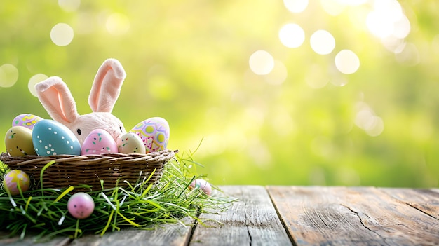 Easter eggs in basket with bunny ears inbasket on wooden table with defocused green grass at b