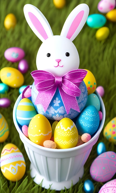 Easter eggs in a basket with a bunny on top