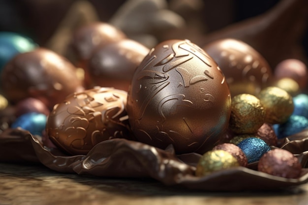 Foto uova di pasqua in un cesto con uova di cioccolato sul tavolo