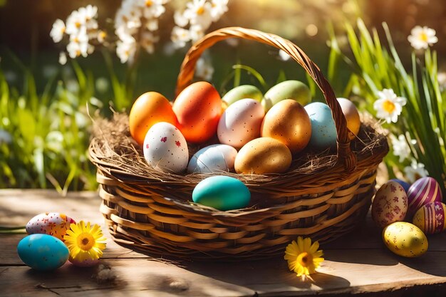 Easter eggs in a basket with daisies in the background