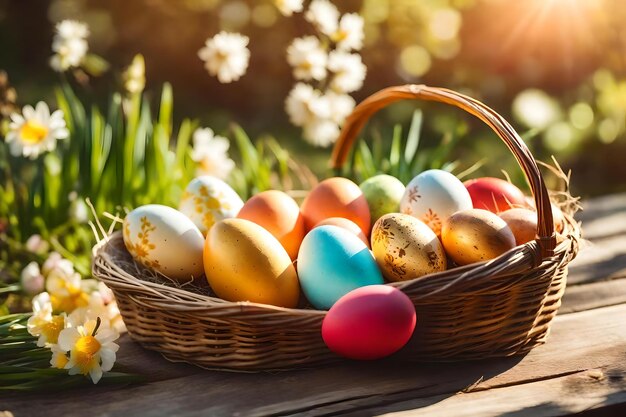 Easter eggs in a basket with easter eggs in the background