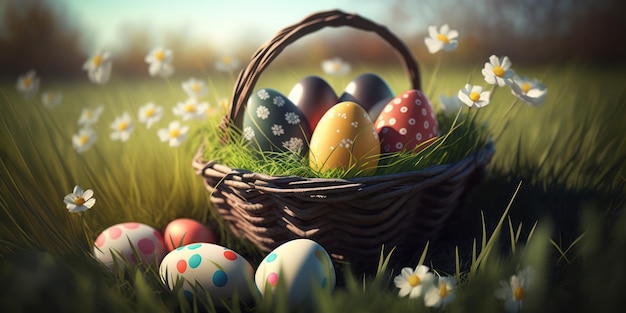 Easter eggs in a basket with flowers in the background