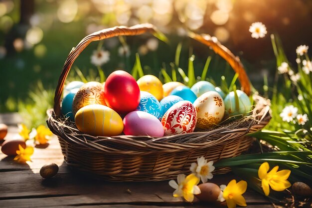 Easter eggs in a basket with flowers in the background