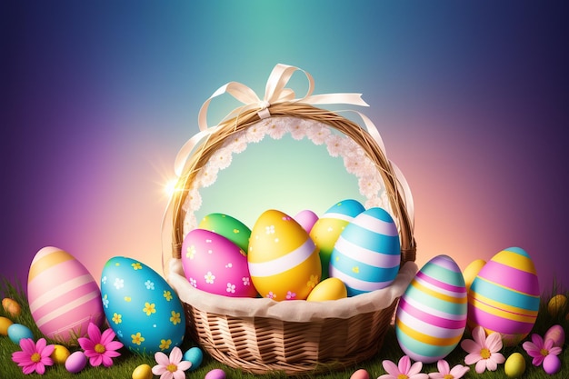 Easter eggs in a basket with flowers on a blue background