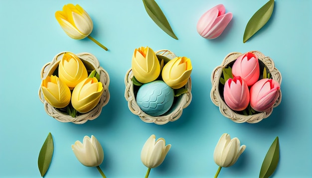 Easter eggs in a basket with flowers on a blue background