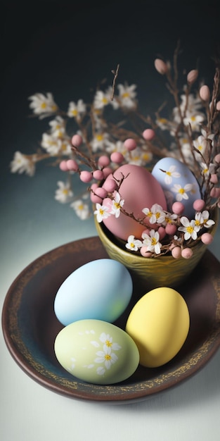 Easter eggs in a basket with flowers and a branch of cherry blossoms