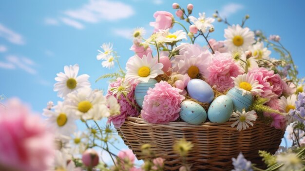 Easter eggs in a basket with flowers and daisies ai