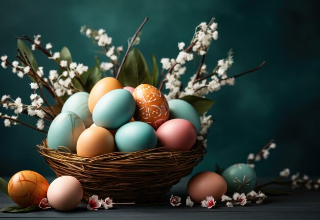 easter eggs in a basket with flowers easter eggs in basket