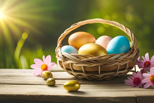 Easter eggs in a basket with flowers