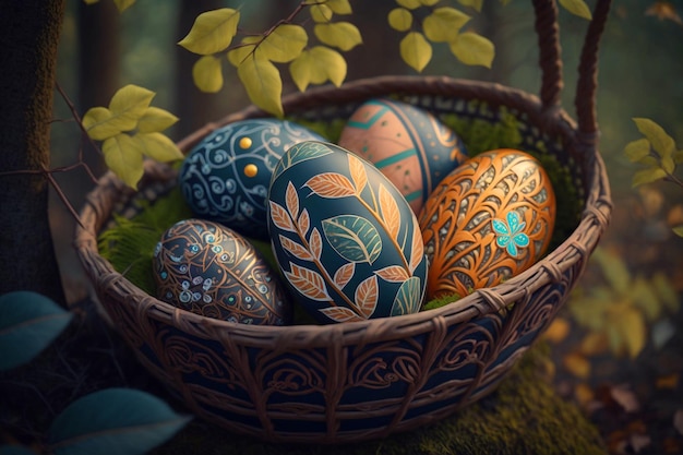 Easter eggs in a basket with a leafy background