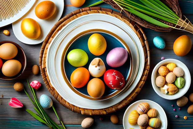 Easter eggs in a basket with a palm leaf on the top.