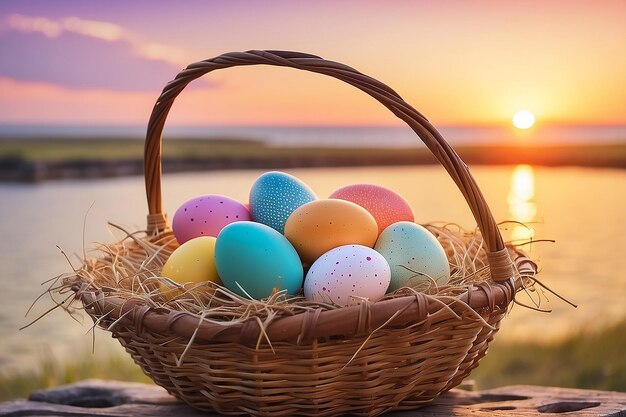 Easter eggs in a basket with a sunset background