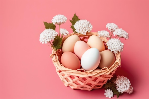 Easter eggs in a basket with white flowers The concept celebrates spring and rebirth