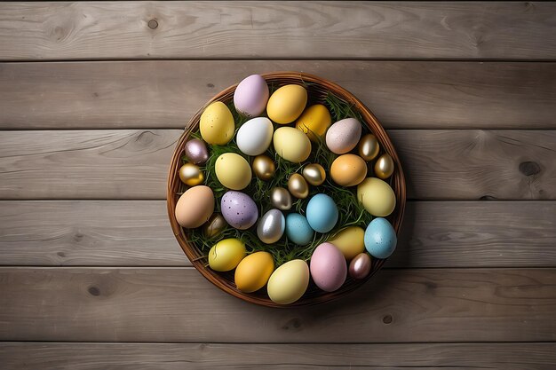 Easter eggs in a basket on a wooden background top view