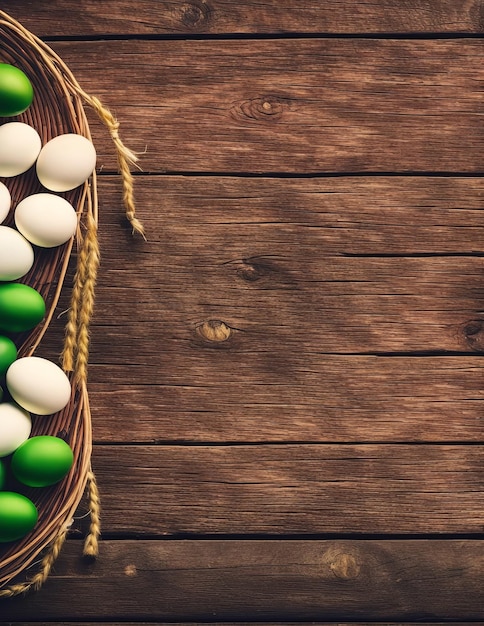 easter eggs in basket on wooden table