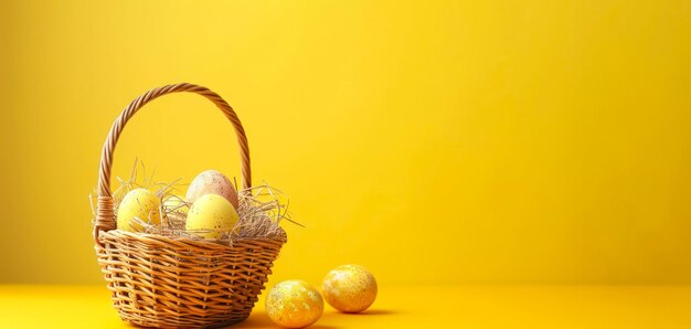 Easter eggs in a basket on a yellow background with copy space