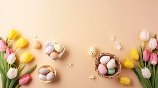 Easter eggs in baskets on a yellow background