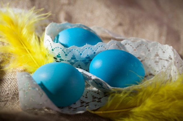 Easter eggs in a beautiful and simple composition with decorations