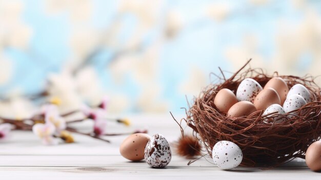 Easter eggs on bird nest on wooden table