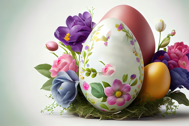 Easter eggs and Bloomed Spring Flowers Generative Ai