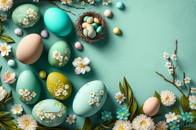 Easter eggs on a blue background with flowers and a nest