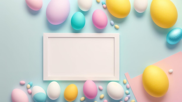 Easter eggs on a blue background with a frame for text