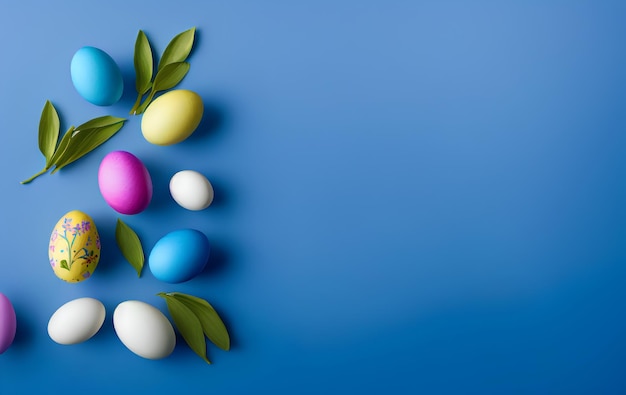 Photo easter eggs on a blue background with leaves and the word easter on the top