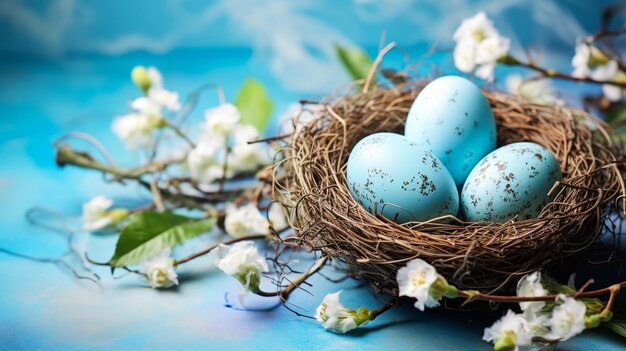 Easter eggs in blue colors in a nest the place for the text the concept of stylish decoration for ea