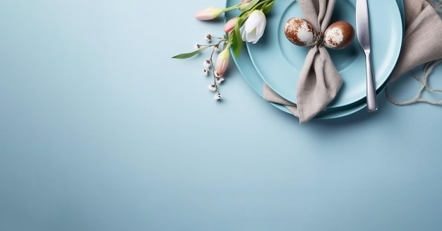 Easter eggs on a blue plate with flowers on a blue background