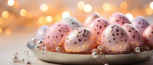 Easter eggs on a blurred peach background with bokeh